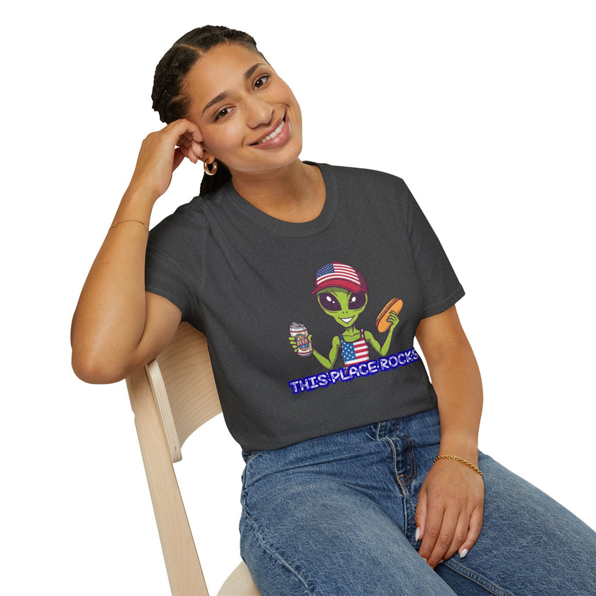 American Alien with Hot Dog and Beer T-Shirt | USA Flag Cap Fourth of July