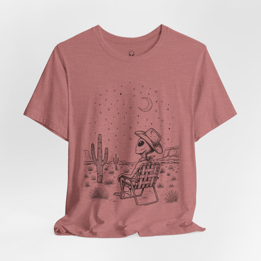 Alien Cowboy Sitting in Desert Tee | Night Sky Lawn Chair