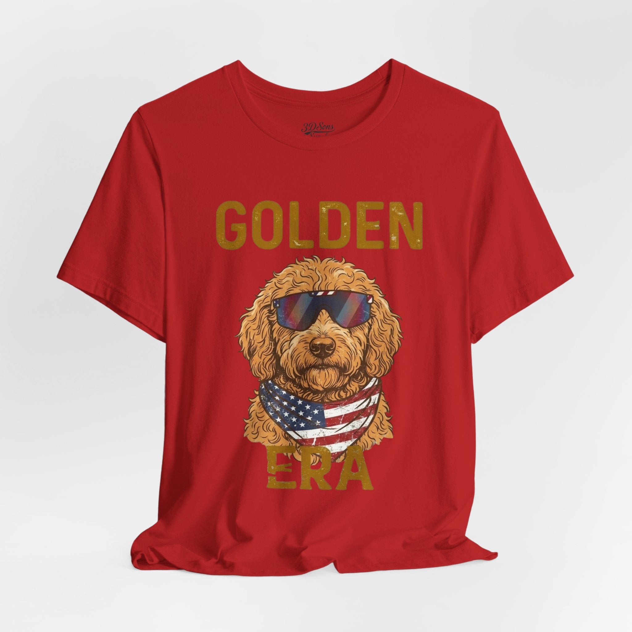 Golden Era Dog T-Shirt – American Flag Doodle with Sunglasses