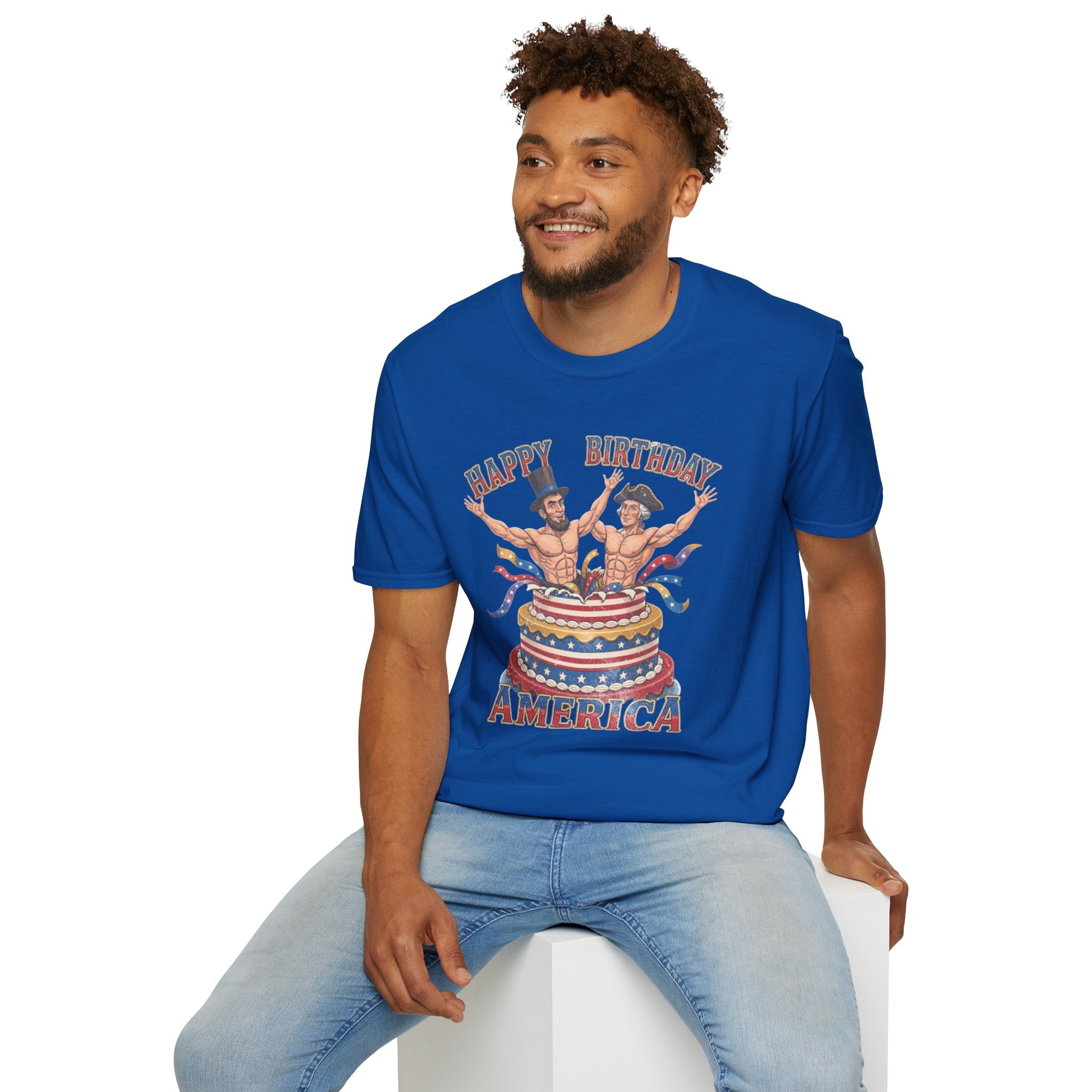 Buff Abraham Lincoln and George Washington Jumping Out of Birthday Cake T-Shirt | 4th of July Patriotic