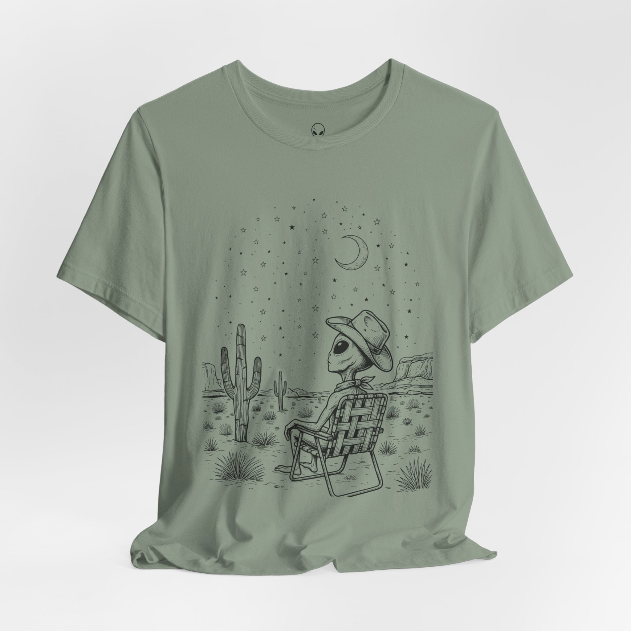 Alien Cowboy Sitting in Desert Tee | Night Sky Lawn Chair