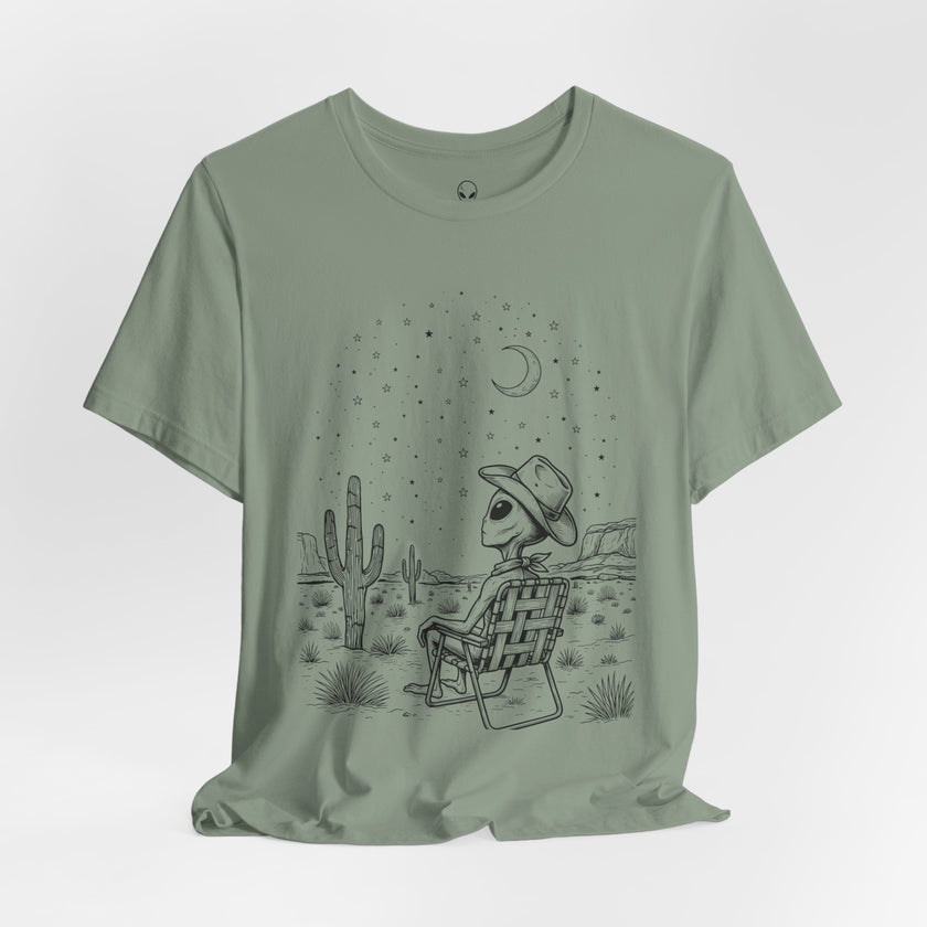 Alien Cowboy Sitting in Desert Tee | Night Sky Lawn Chair