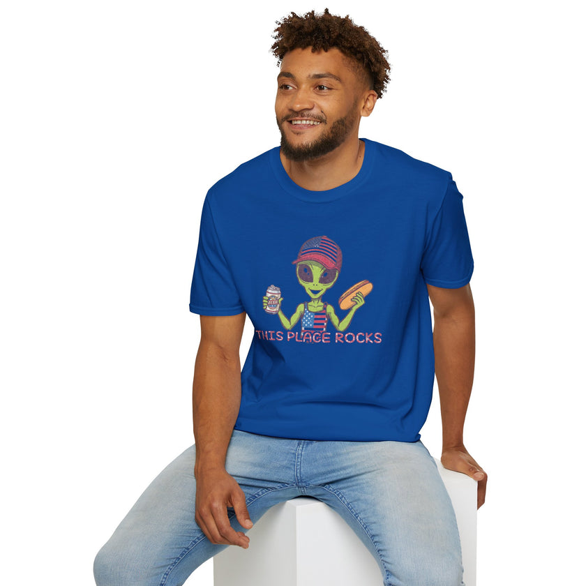 American Alien with Hot Dog and Beer T-Shirt | USA Flag Cap Fourth of July