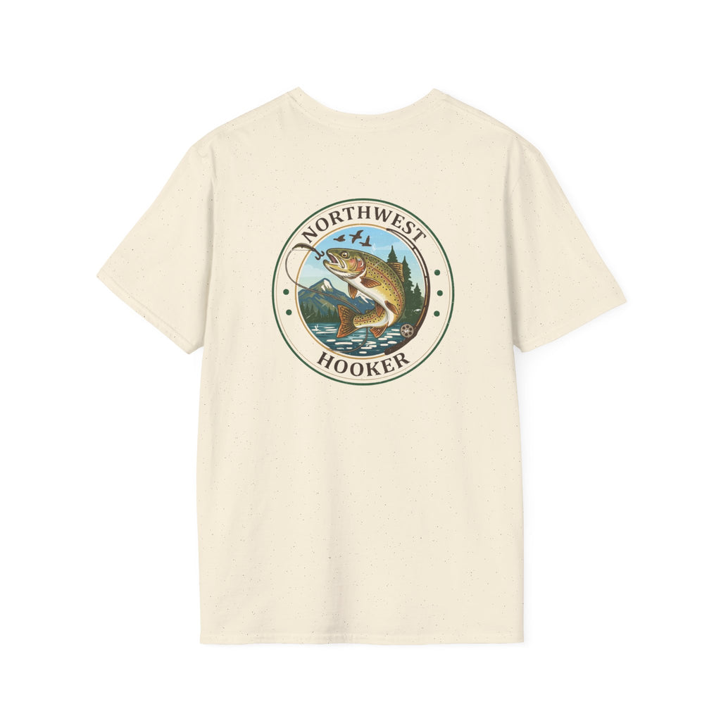 Northwest Hooker Trout Logo T-Shirt | Fishing Badge, Mountain River Design