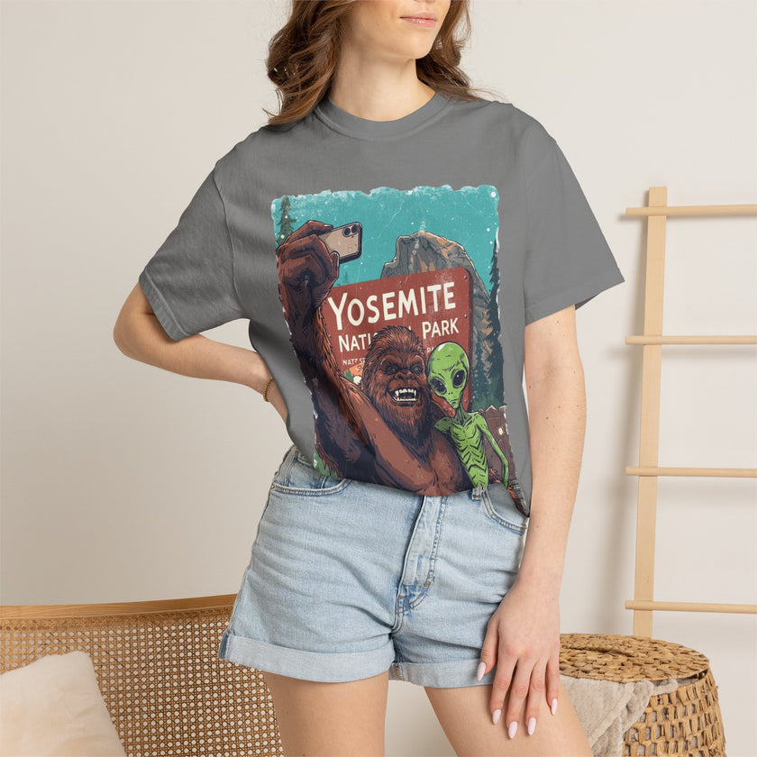 Alien & Bigfoot Yosemite T-Shirt — Camping Adventure Graphic Tee