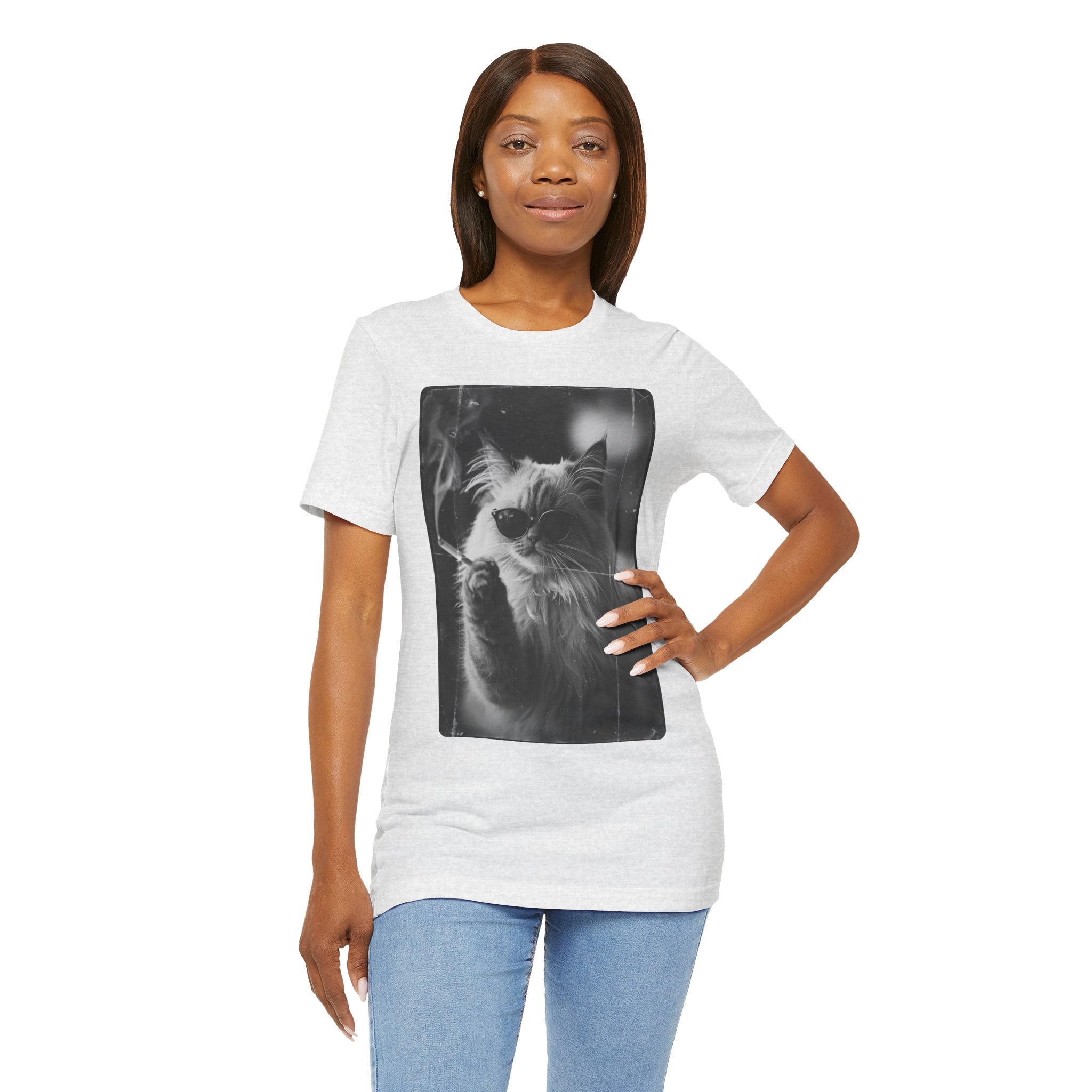 Smoking Cool Cat Portrait T-Shirt | Black & White Photo Cat Tee