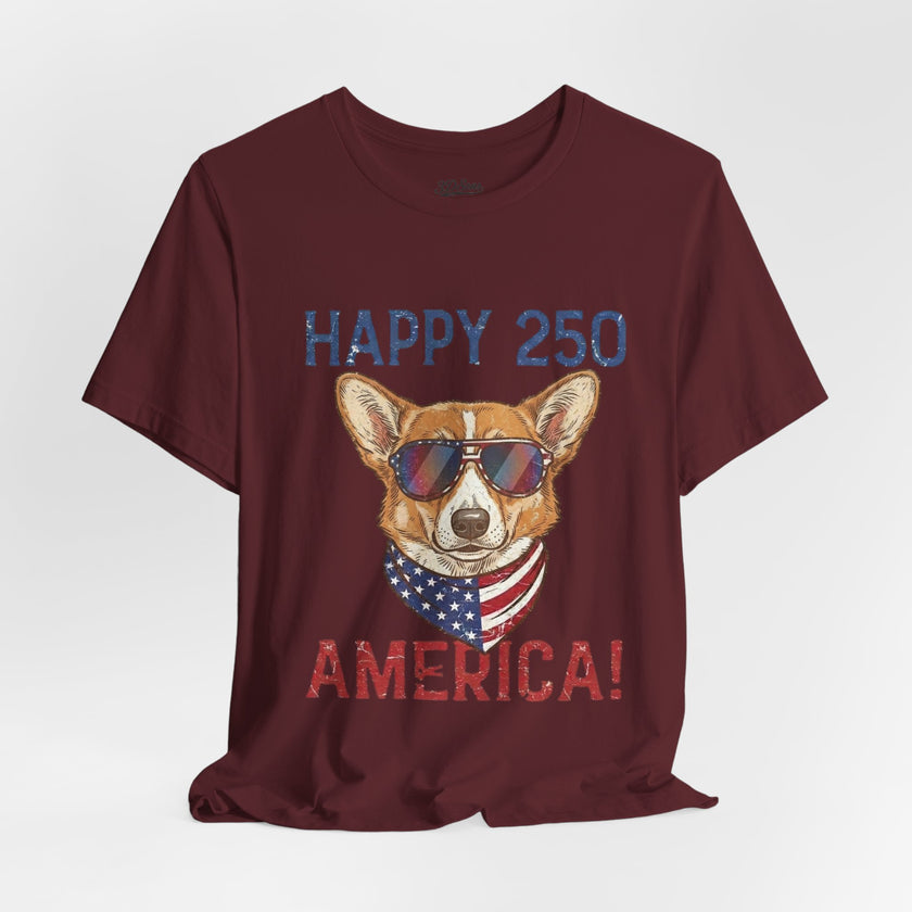 Happy 250 America! Corgi Sunglasses Patriotic Tee