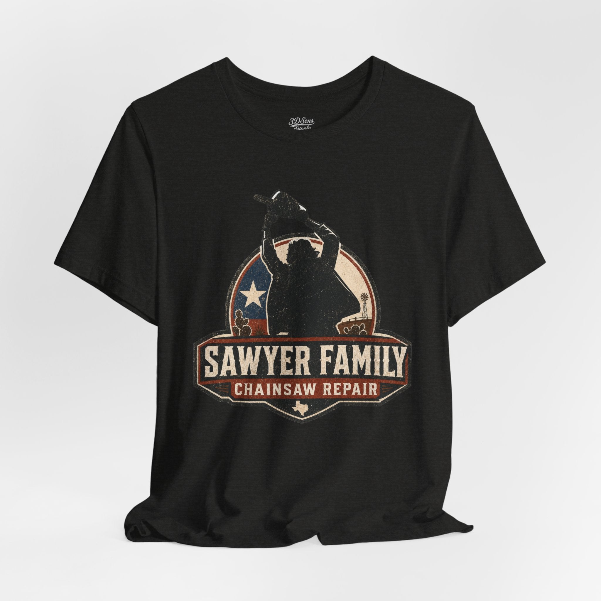 Sawyer Family Chainsaw Repair Graphic Tee — Vintage Horror Movie Logo T-Shirt