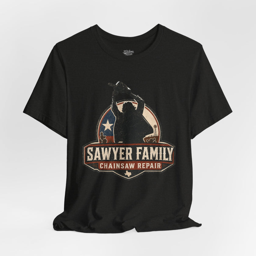 Sawyer Family Chainsaw Repair Graphic Tee — Vintage Horror Movie Logo T-Shirt