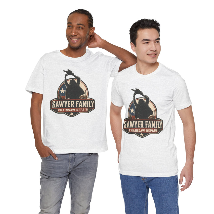 Sawyer Family Chainsaw Repair Graphic Tee — Vintage Horror Movie Logo T-Shirt