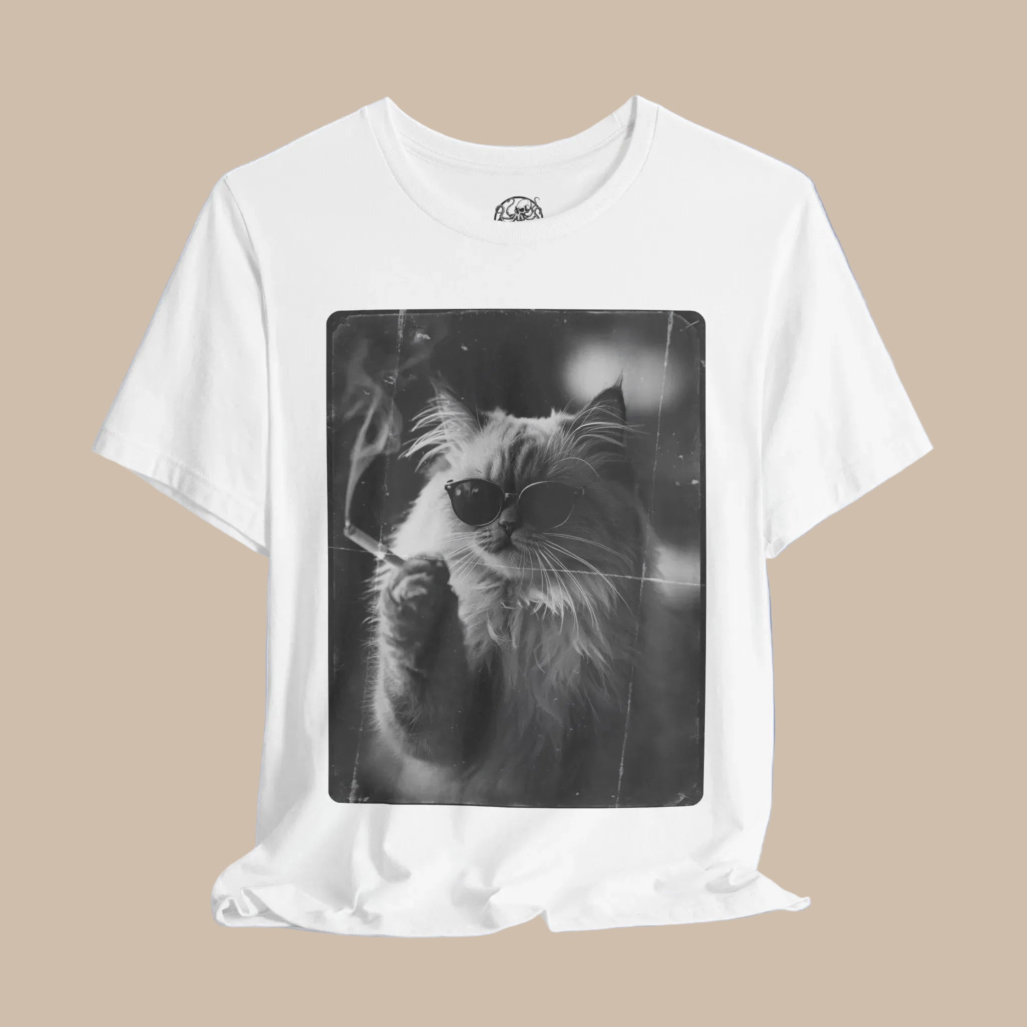 Smoking Cool Cat Portrait T-Shirt | Black & White Photo Cat Tee