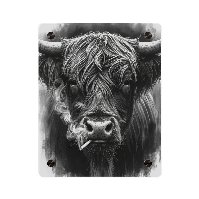 Smoking Highland Cow Acrylic Wall Art Panel | Black White Highland Bull Print