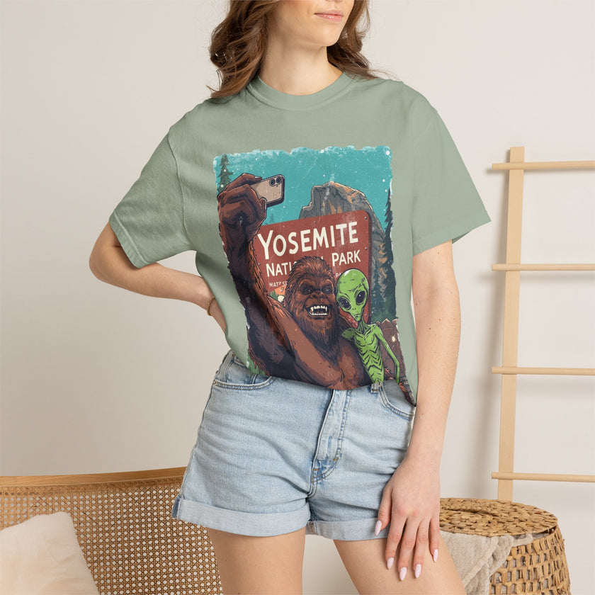 Alien & Bigfoot Yosemite T-Shirt — Camping Adventure Graphic Tee