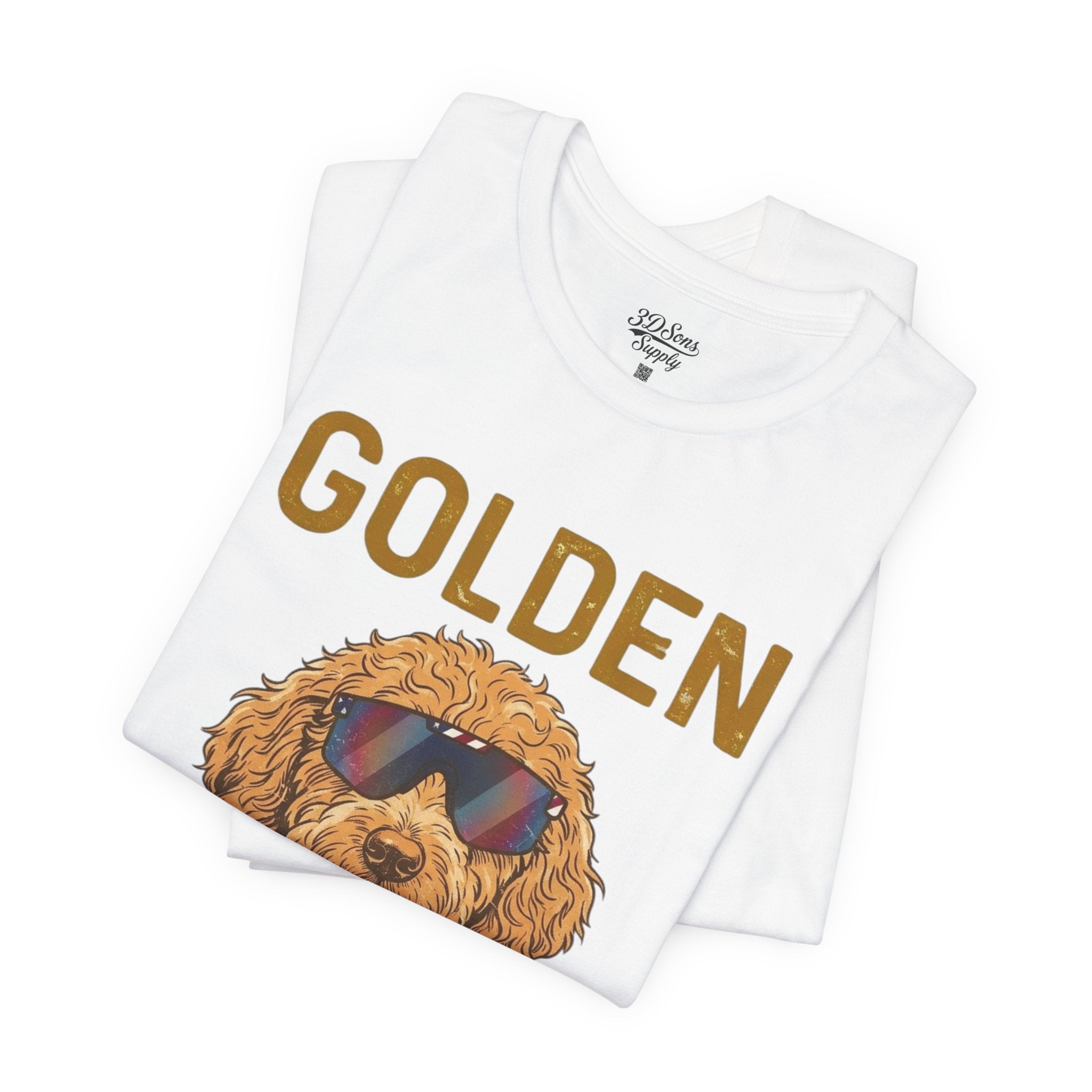 Golden Era Dog T-Shirt – American Flag Doodle with Sunglasses