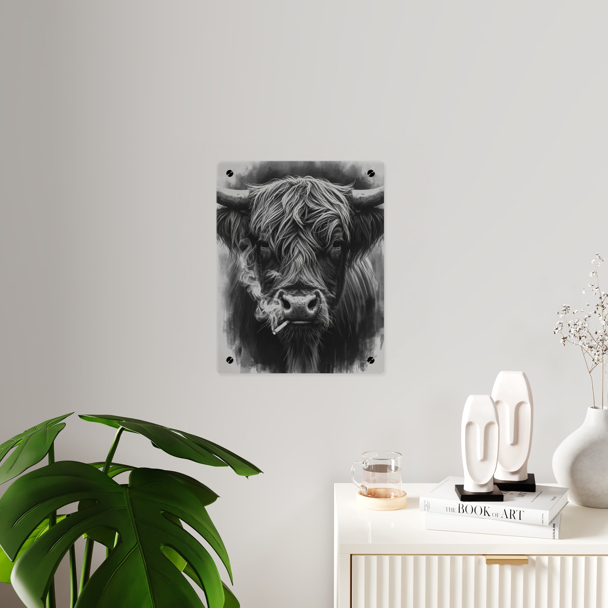 Smoking Highland Cow Acrylic Wall Art Panel | Black White Highland Bull Print