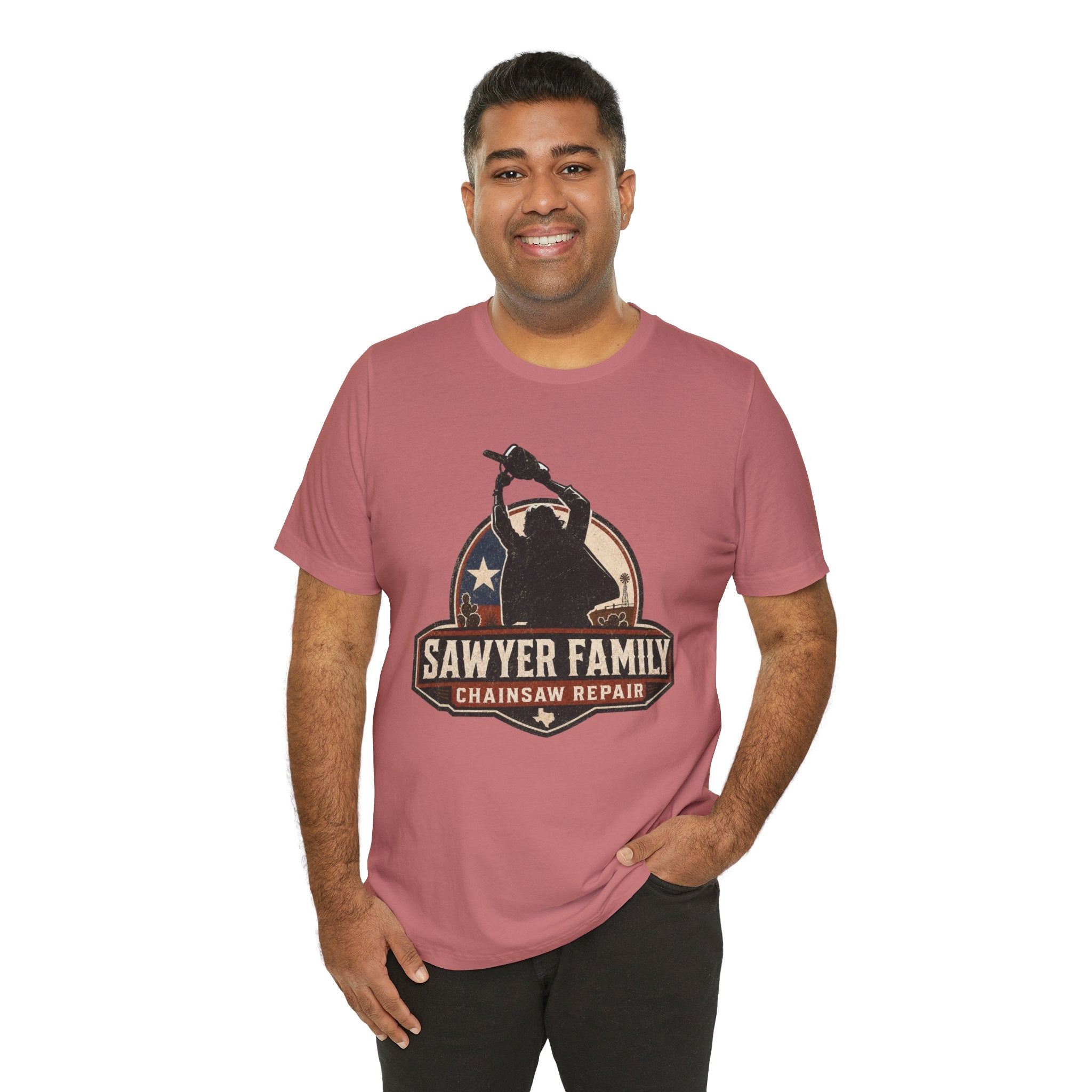 Sawyer Family Chainsaw Repair Graphic Tee — Vintage Horror Movie Logo T-Shirt