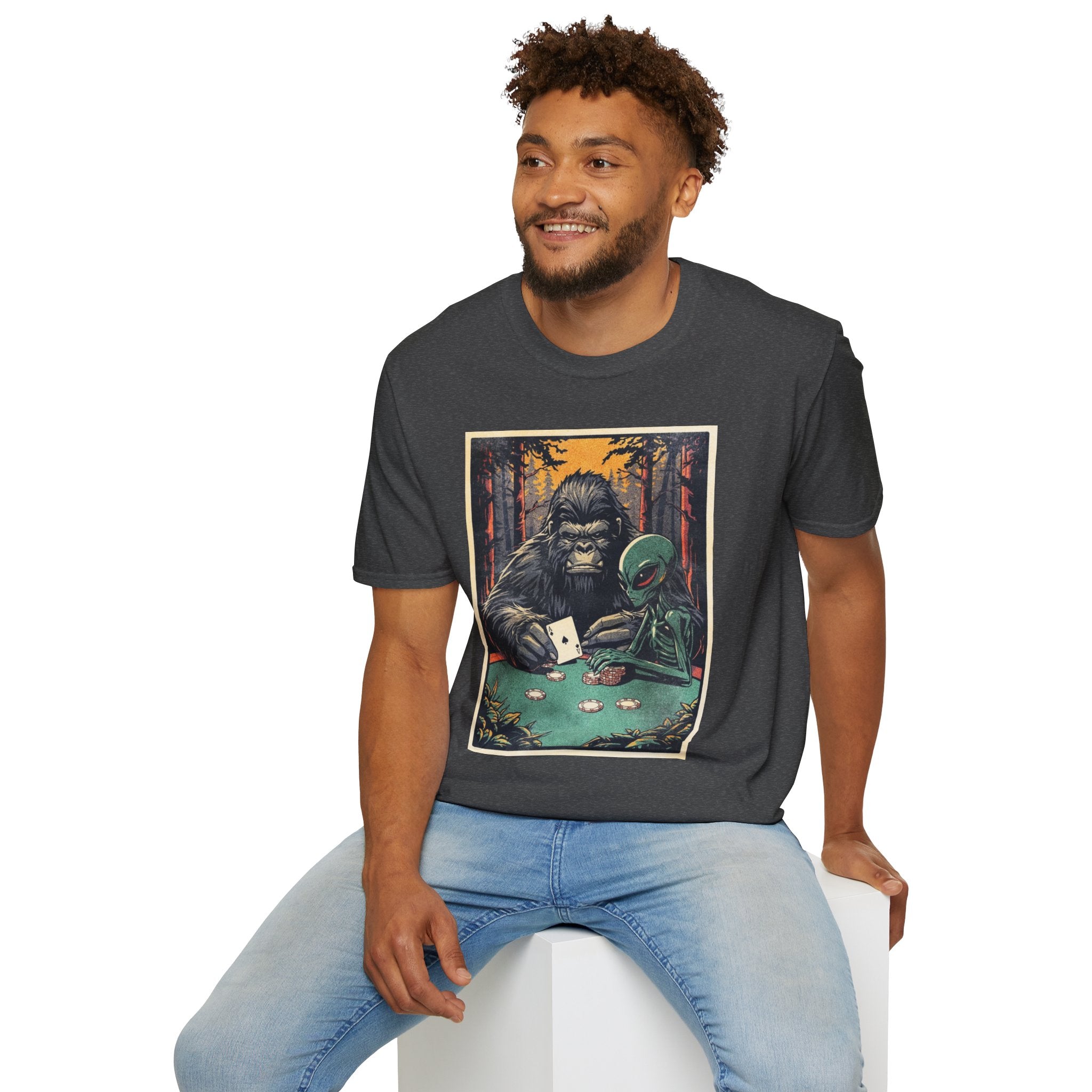 Bigfoot & Alien Playing Poker T-Shirt — Funny Cryptid Woods Tee
