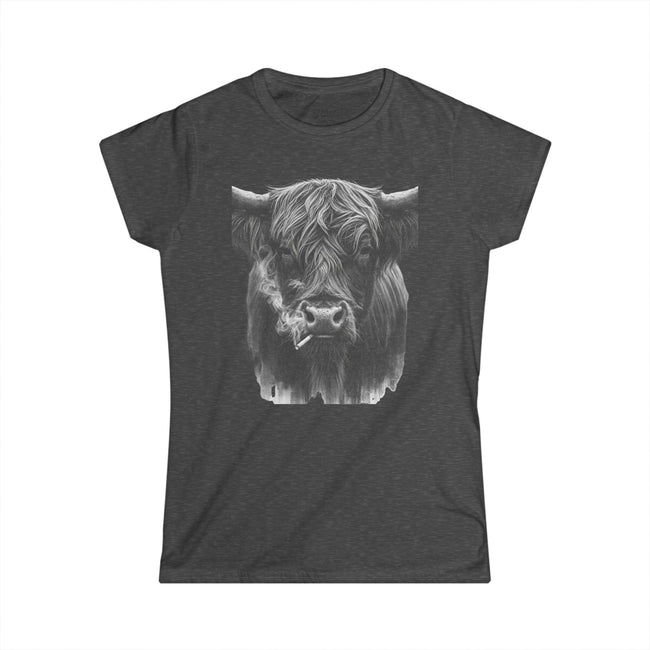 Women’s Softstyle Tee — Highland Cow Smoking Graphic