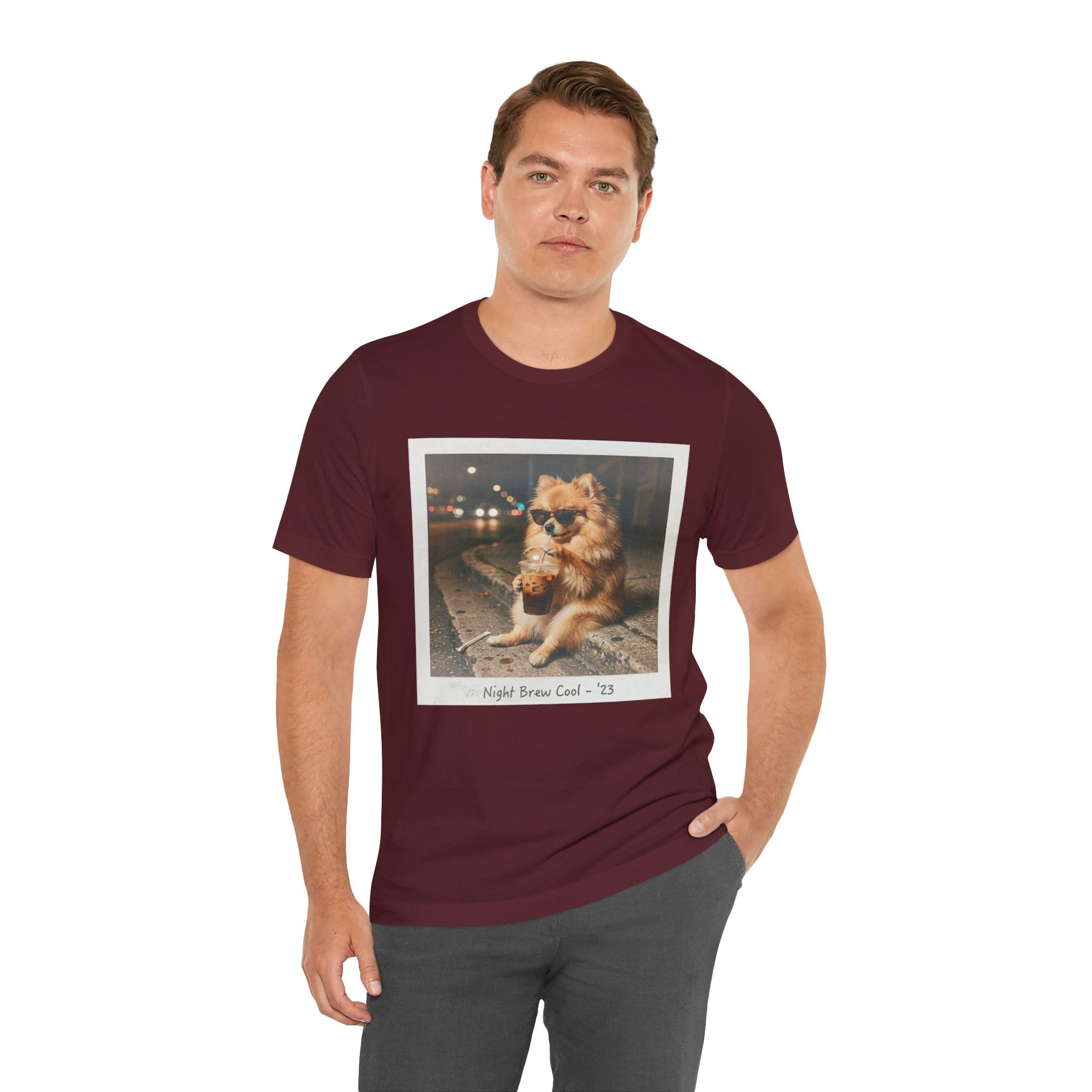 Iced Coffee Night Dog Tee — Late-Night Curb Pomeranian Graphic T-Shirt