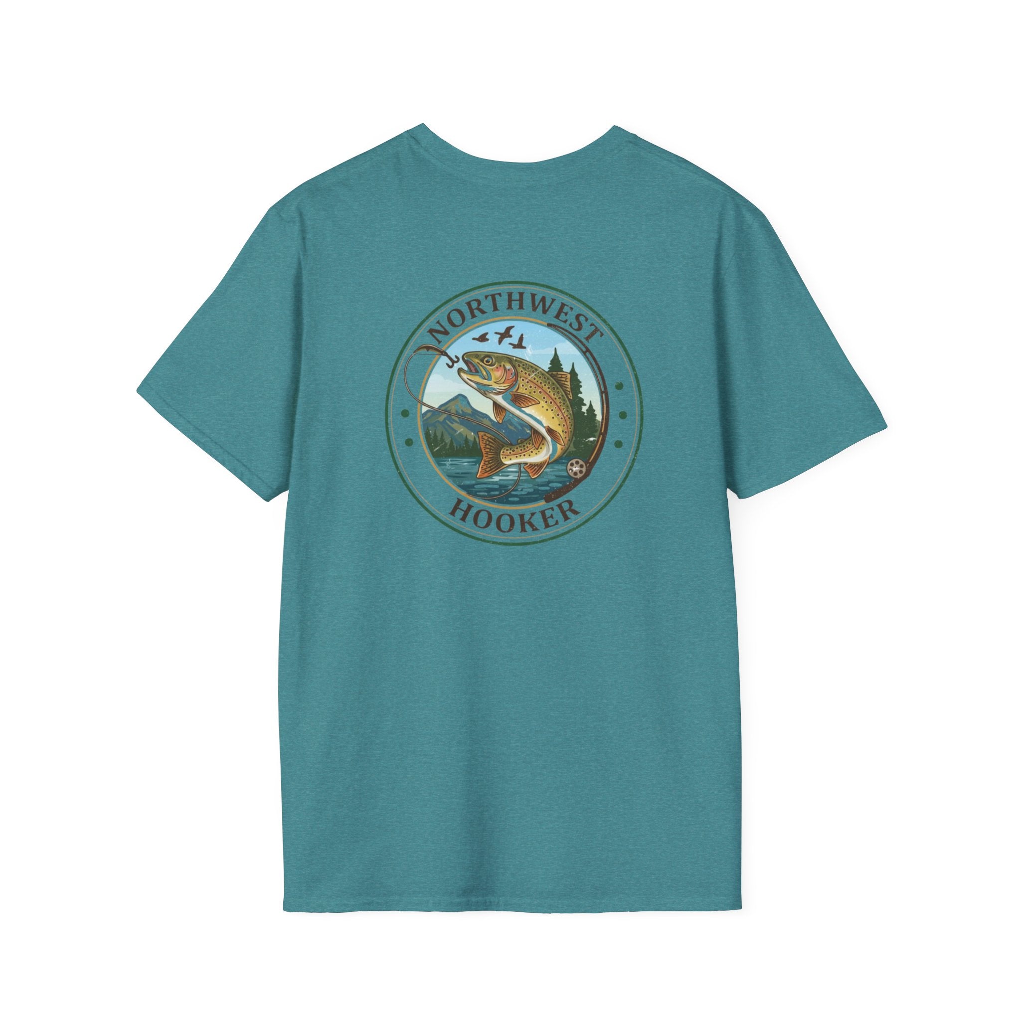 Northwest Hooker Trout Logo T-Shirt | Fishing Badge, Mountain River Design