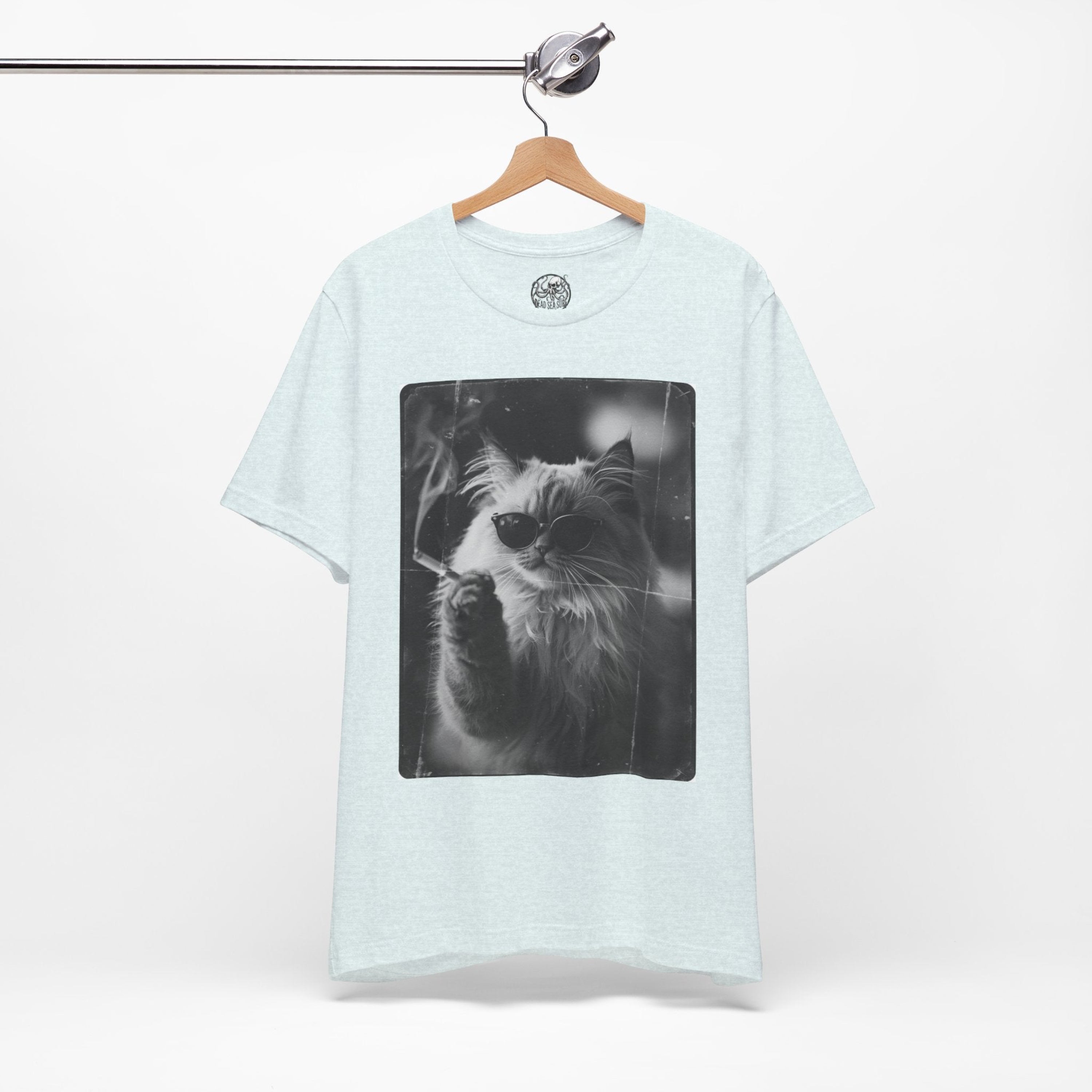 Smoking Cool Cat Portrait T-Shirt | Black & White Photo Cat Tee