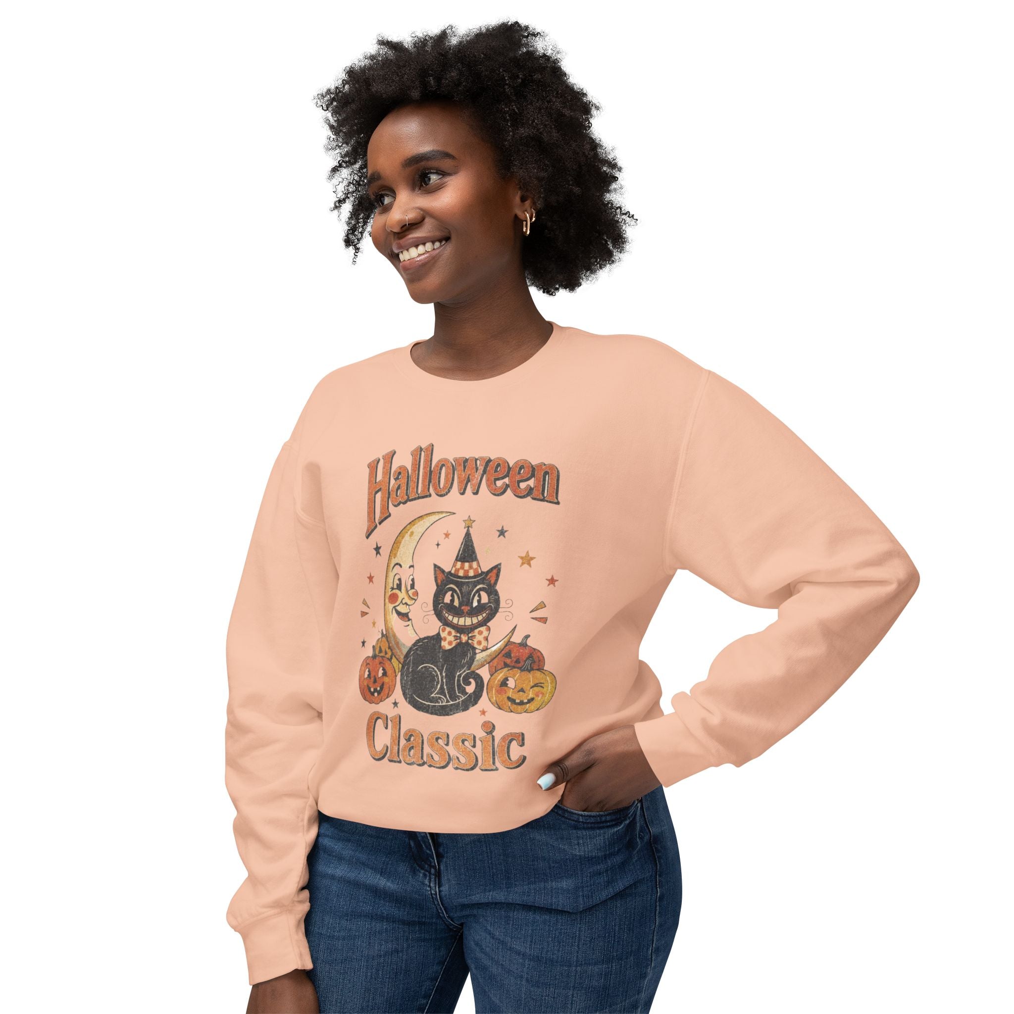 Vintage Halloween Cat Crewneck Sweatshirt | Retro Moon, Pumpkins, Witch Hat