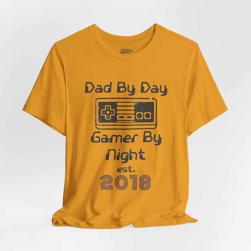 Personalized Dad By Day Gamer By Night T-Shirt — Established 2018 Retro Controller Tee