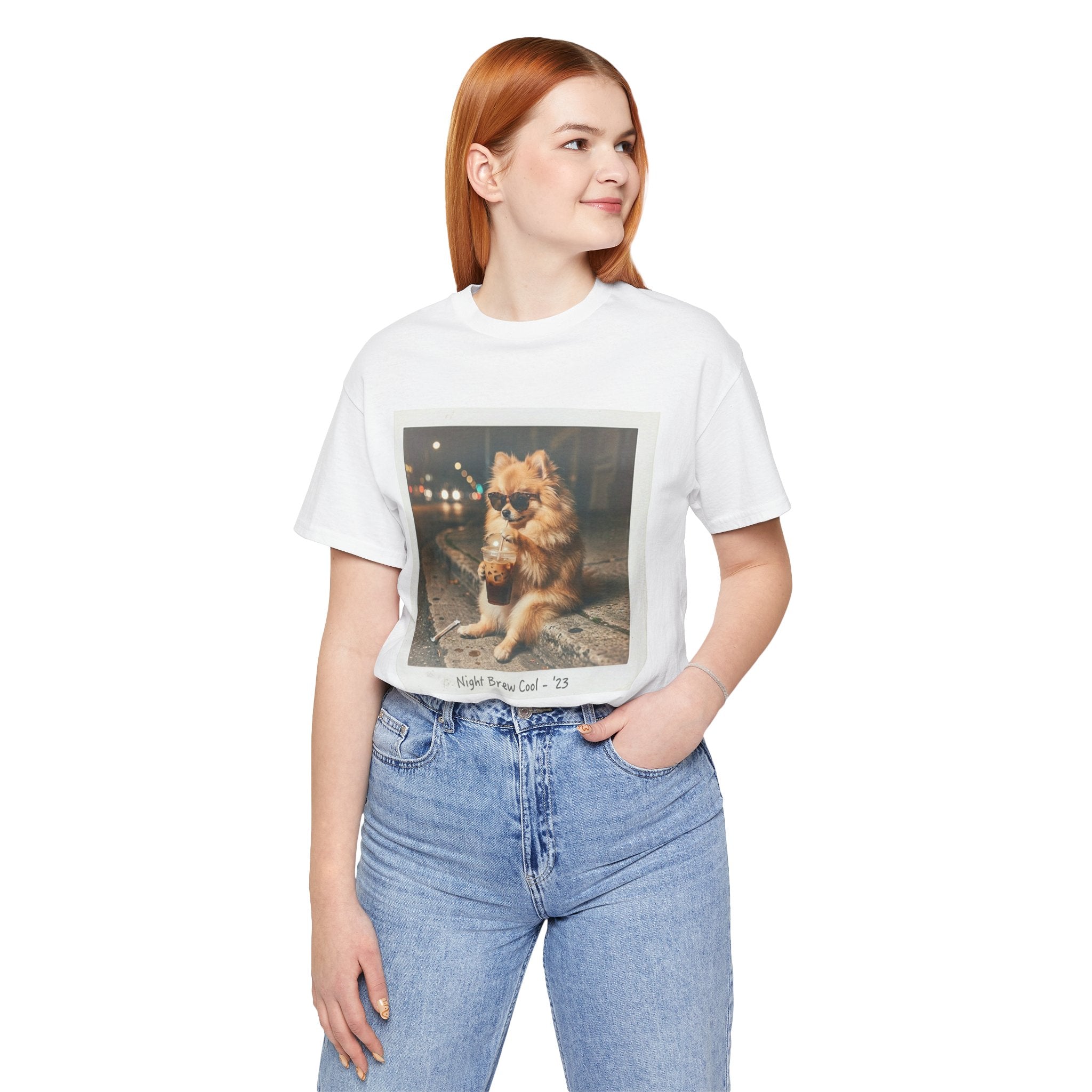 Iced Coffee Night Dog Tee — Late-Night Curb Pomeranian Graphic T-Shirt
