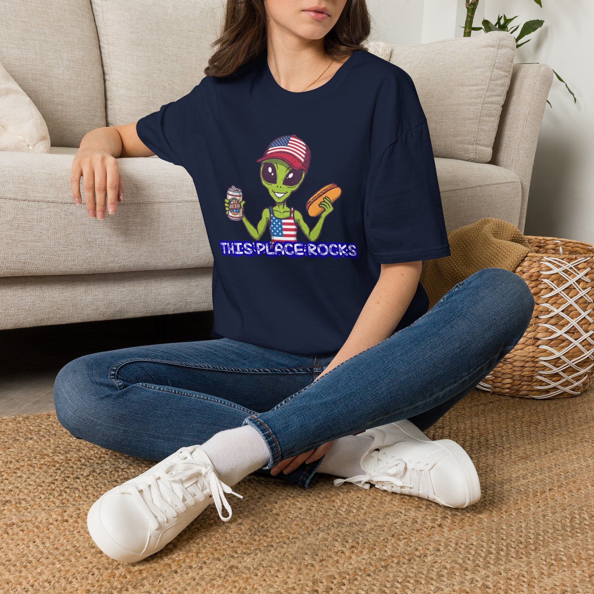 American Alien with Hot Dog and Beer T-Shirt | USA Flag Cap Fourth of July