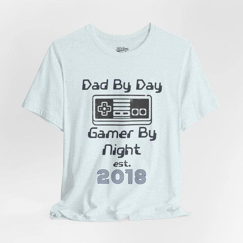 Personalized Dad By Day Gamer By Night T-Shirt — Established 2018 Retro Controller Tee