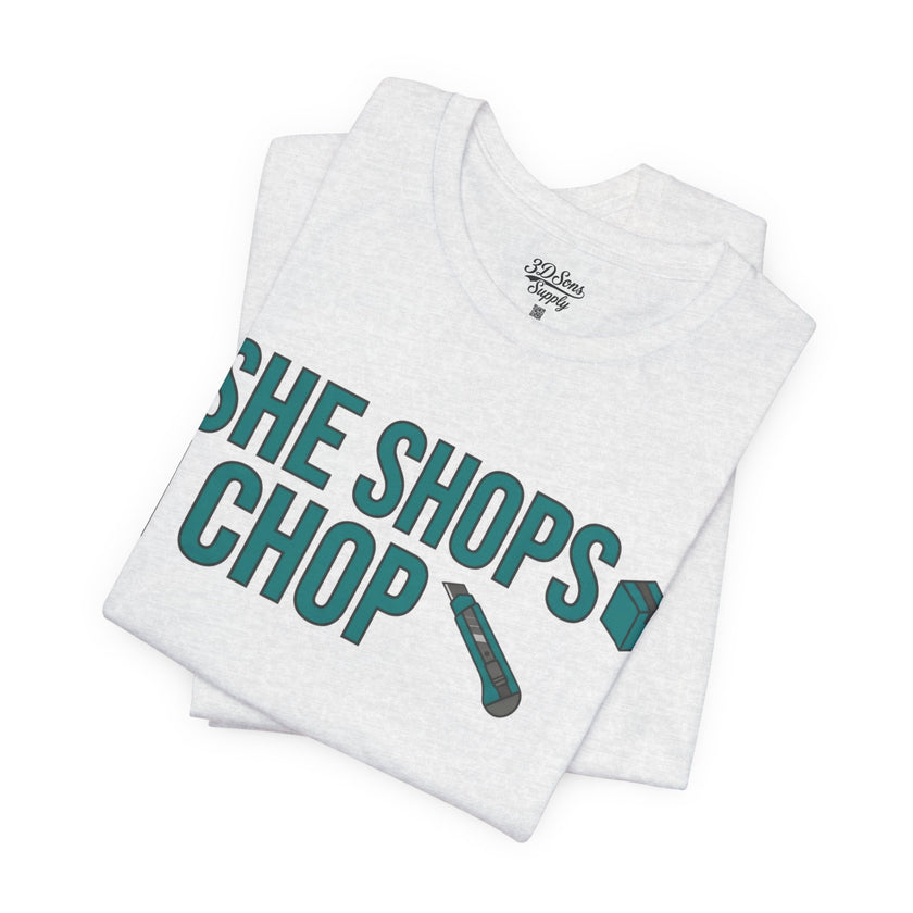 She Shops I Chop Couples T‑Shirt — Funny Husband Wife Gift