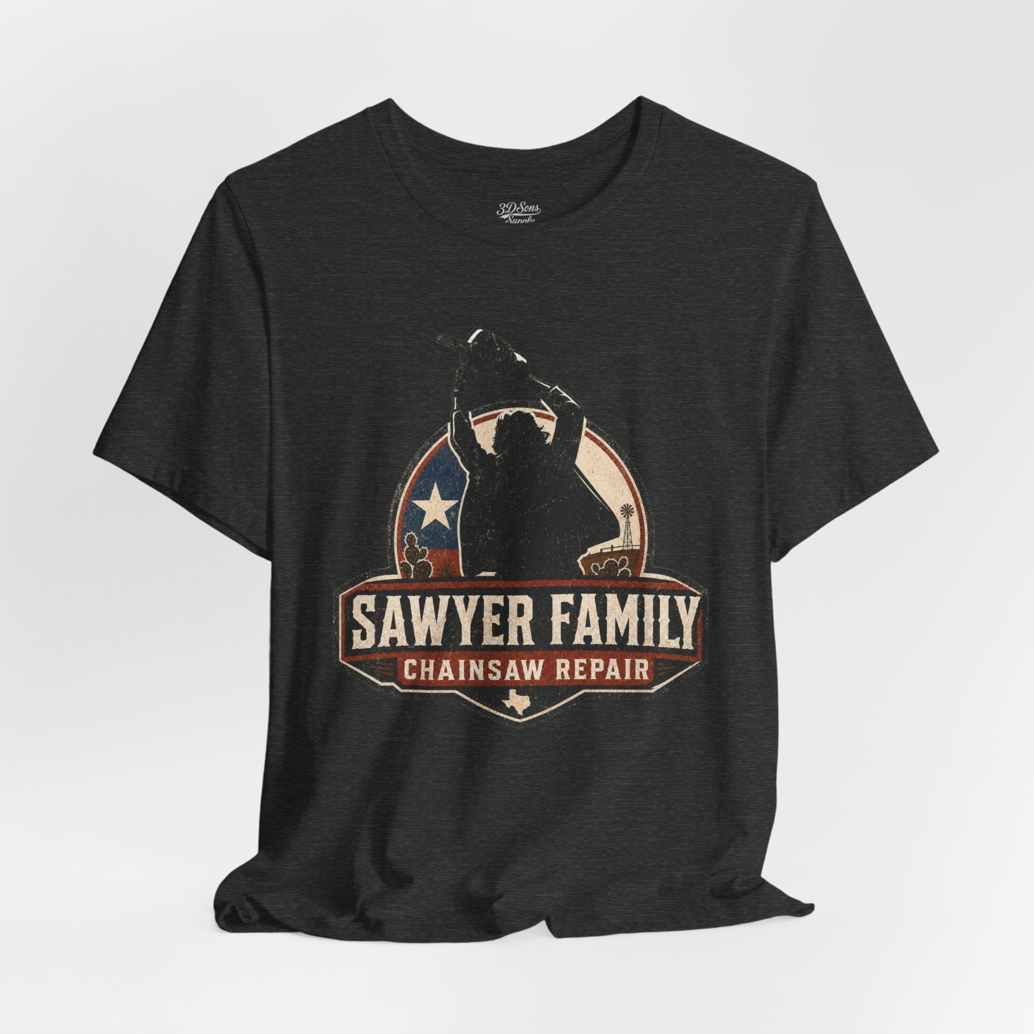 Sawyer Family Chainsaw Repair Graphic Tee — Vintage Horror Movie Logo T-Shirt