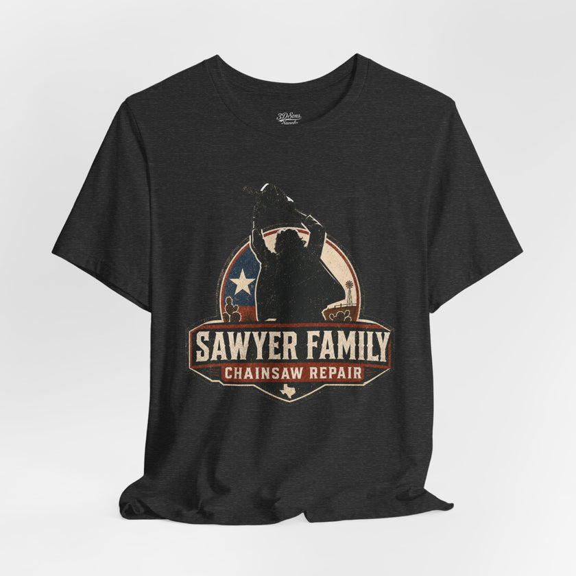 Sawyer Family Chainsaw Repair Graphic Tee — Vintage Horror Movie Logo T-Shirt