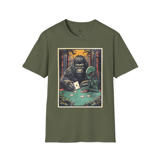 Bigfoot & Alien Playing Poker T-Shirt — Funny Cryptid Woods Tee
