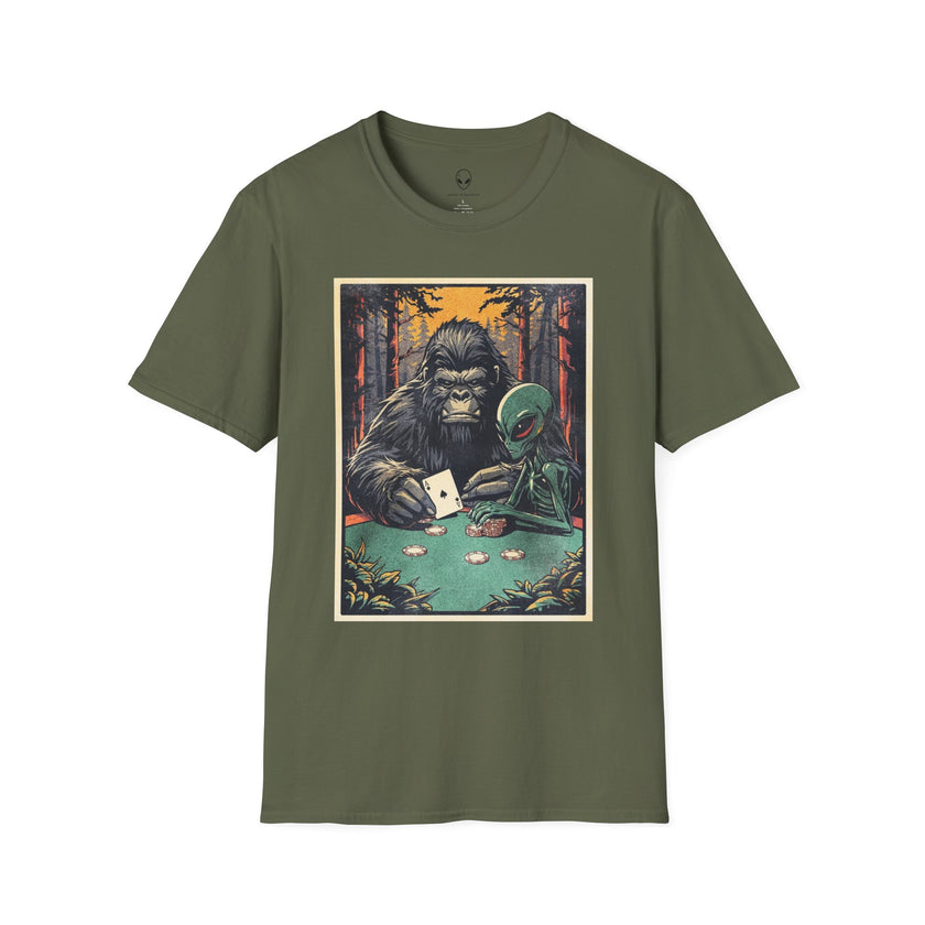 Bigfoot & Alien Playing Poker T-Shirt — Funny Cryptid Woods Tee