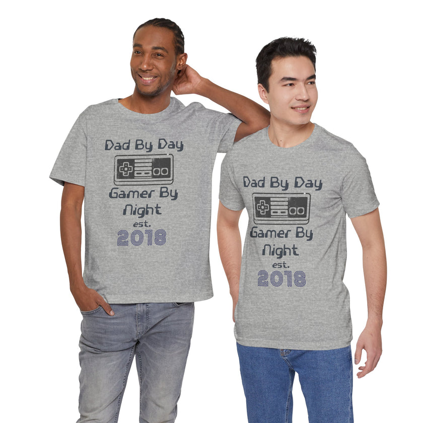 Personalized Dad By Day Gamer By Night T-Shirt — Established 2018 Retro Controller Tee