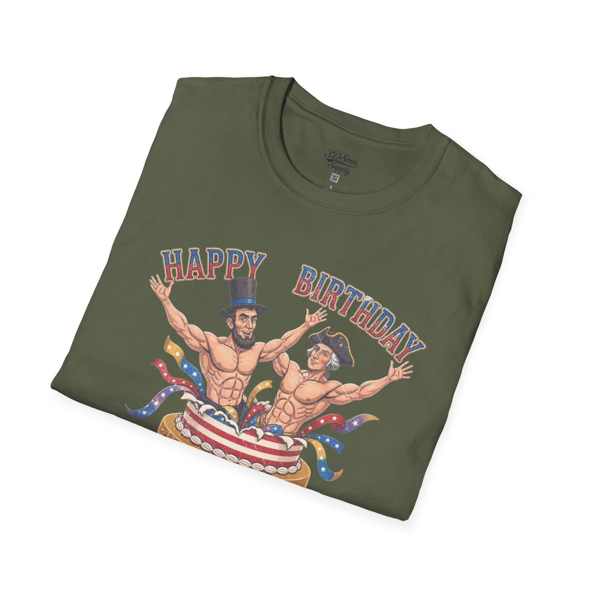 Buff Abraham Lincoln and George Washington Jumping Out of Birthday Cake T-Shirt | 4th of July Patriotic