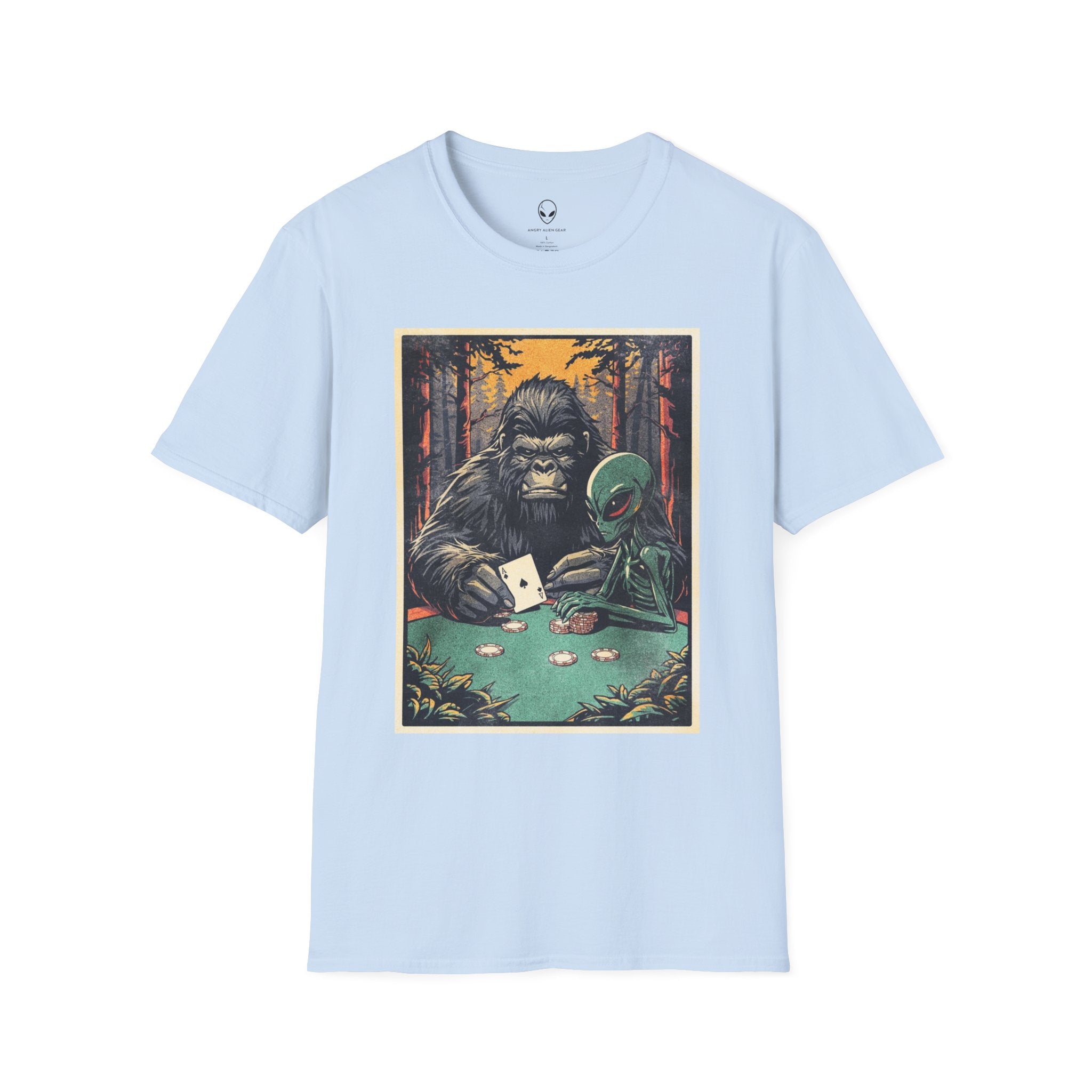 Bigfoot & Alien Playing Poker T-Shirt — Funny Cryptid Woods Tee