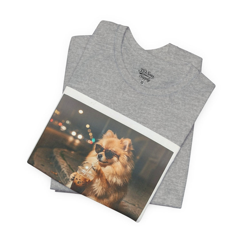 Iced Coffee Night Dog Tee — Late-Night Curb Pomeranian Graphic T-Shirt