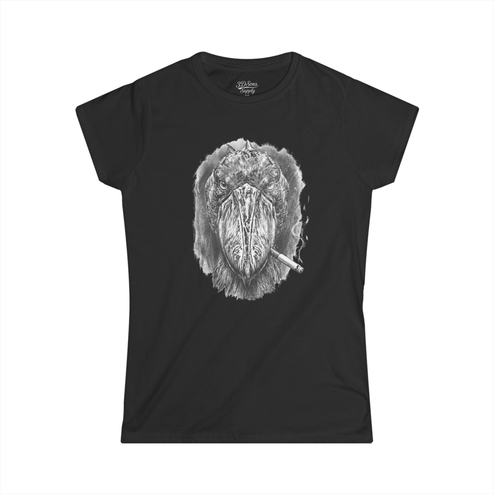Shoebill Stork Portrait Retro Smoking Graphic Tee — Women's Softstyle T‑Shirt