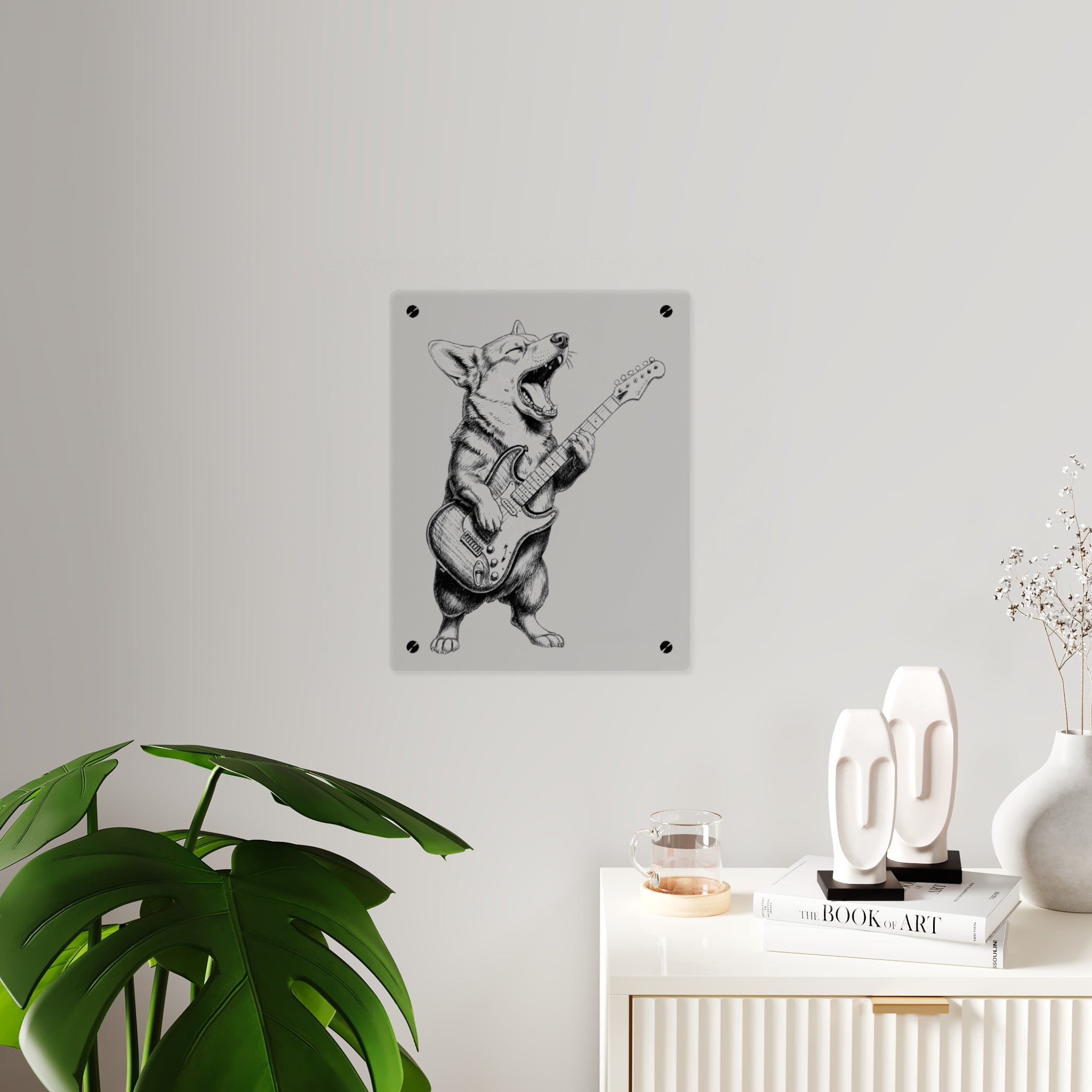Corgi Playing Guitar Acrylic Wall Art Panel | Cute Rock Dog Home Decor