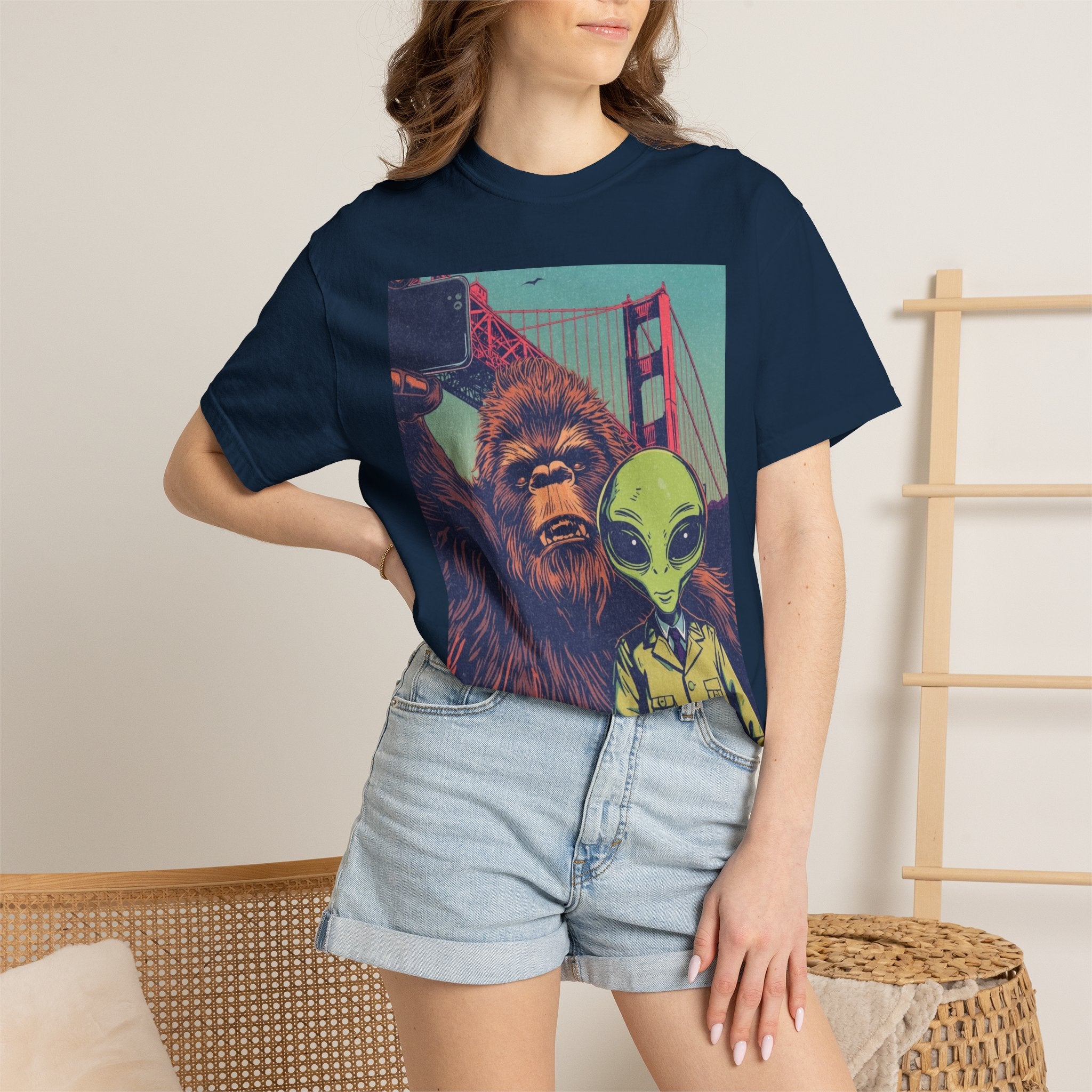 Alien & Bigfoot Golden Gate Bridge T-Shirt — San Francisco UFO & Cryptid Tee