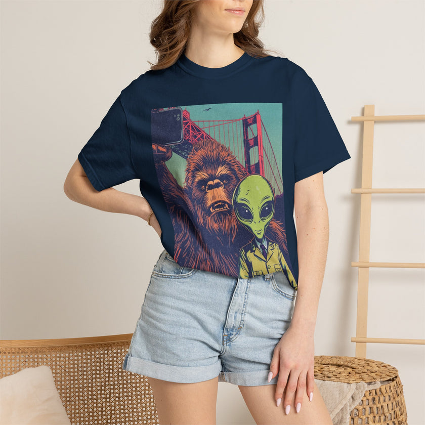 Alien & Bigfoot Golden Gate Bridge T-Shirt — San Francisco UFO & Cryptid Tee