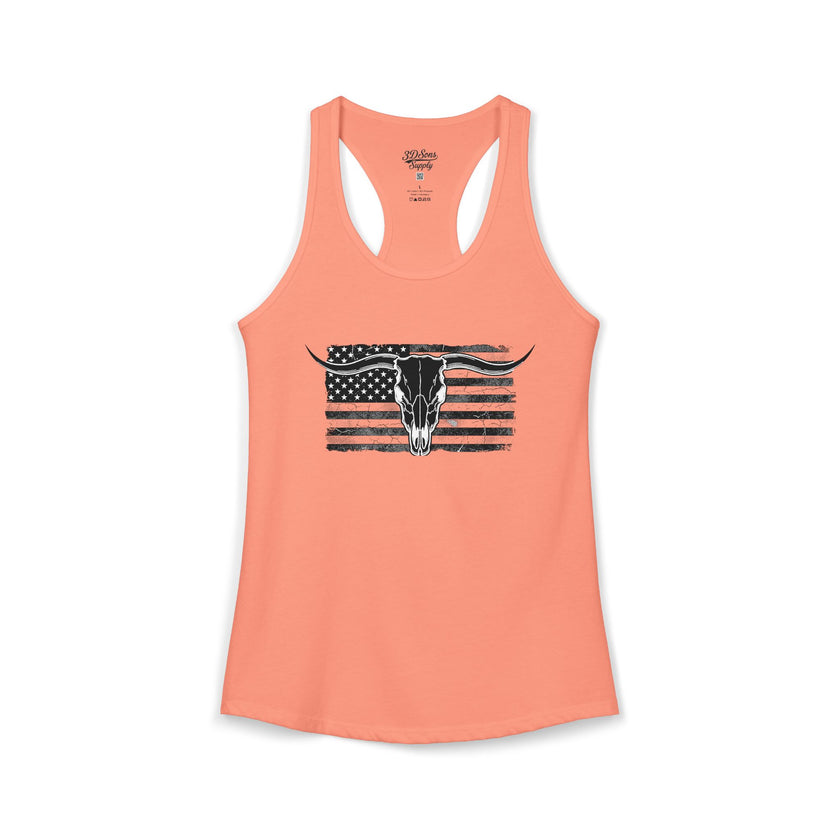 American Flag Longhorn Skull Women's Racerback Tank