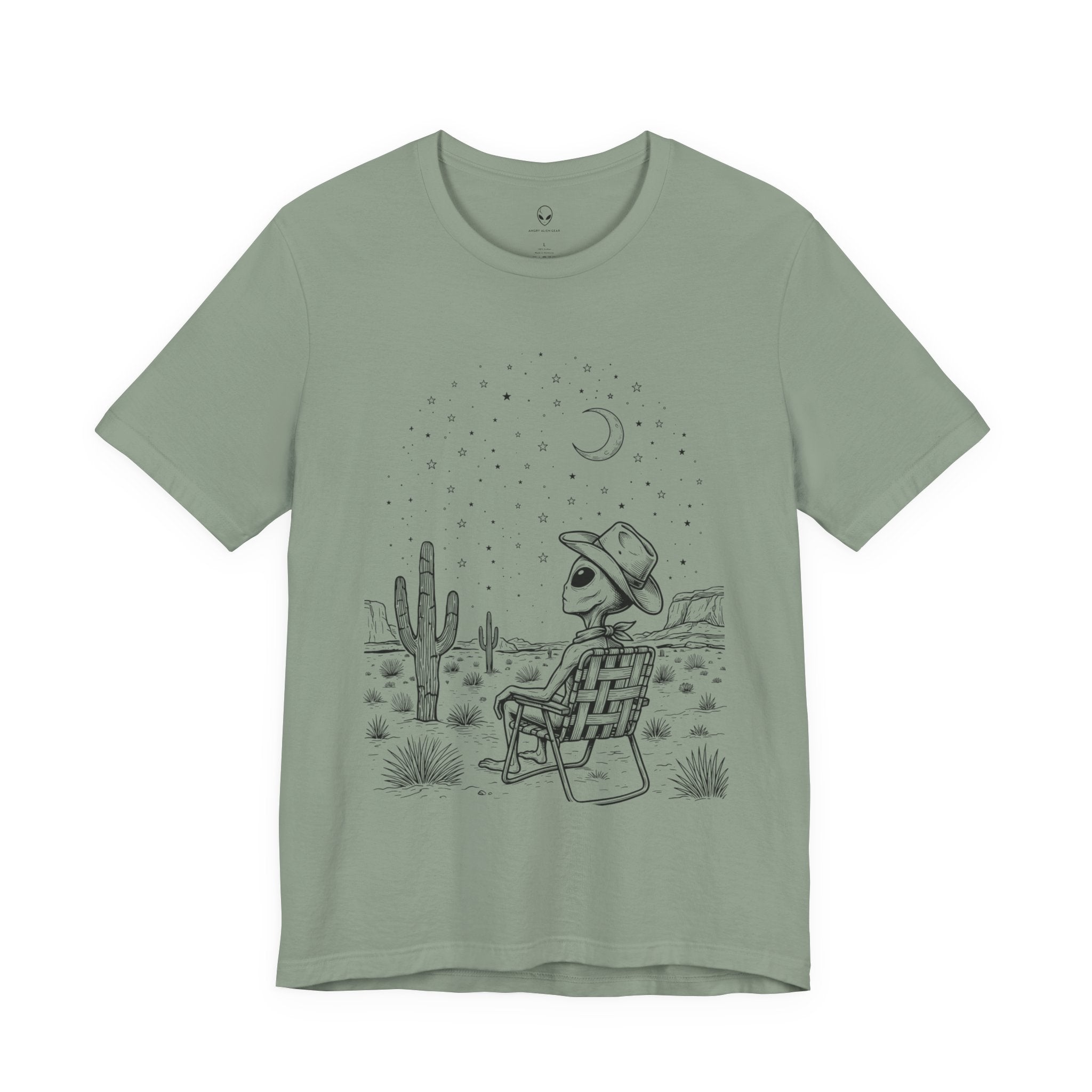 Alien Cowboy Sitting in Desert Tee | Night Sky Lawn Chair