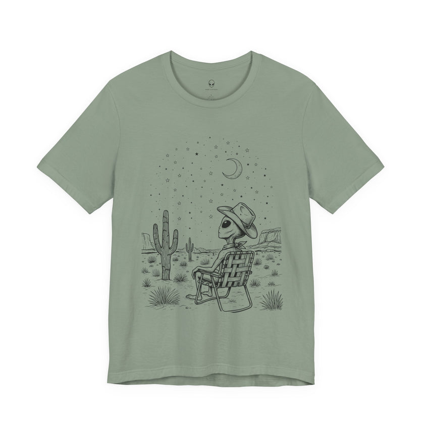 Alien Cowboy Sitting in Desert Tee | Night Sky Lawn Chair