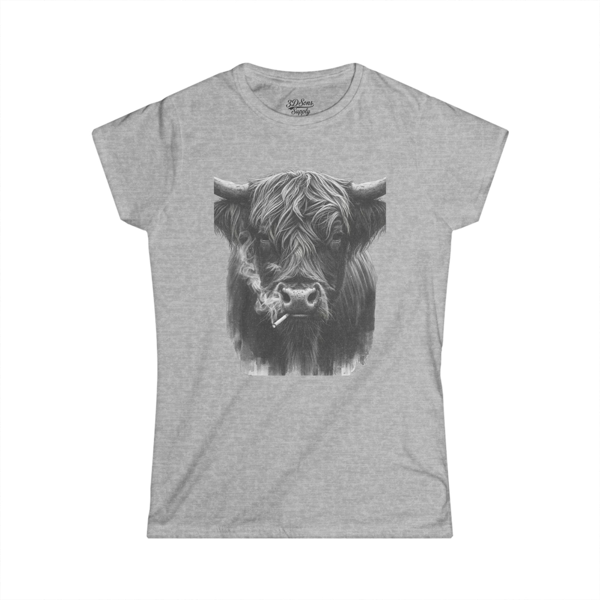 Women’s Softstyle Tee — Highland Cow Smoking Graphic