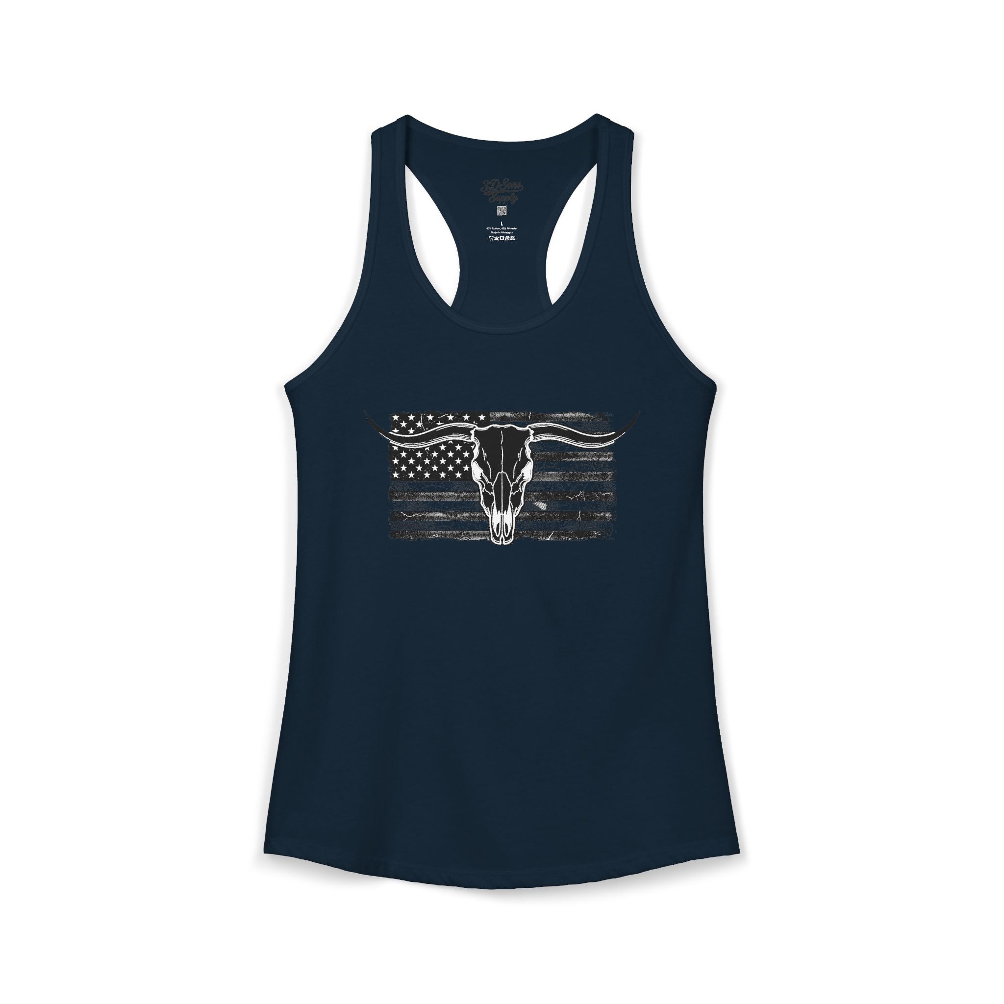 American Flag Longhorn Skull Women's Racerback Tank