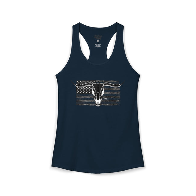 American Flag Longhorn Skull Women's Racerback Tank