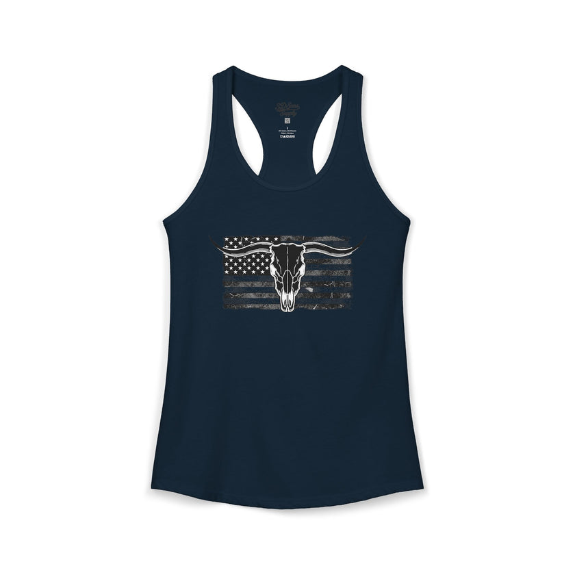 American Flag Longhorn Skull Women's Racerback Tank